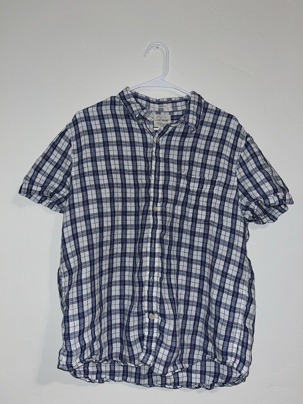 Lucky Brand Short Sleeve Button Up Shirt Blue Plaid, Men's Size XL Cotton Blend